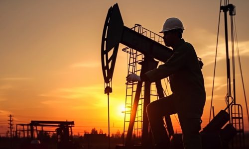 Worker and oil rig in sunset, created with Generative AI technol Worker and oil rig in sunset, created with Generative AI technology